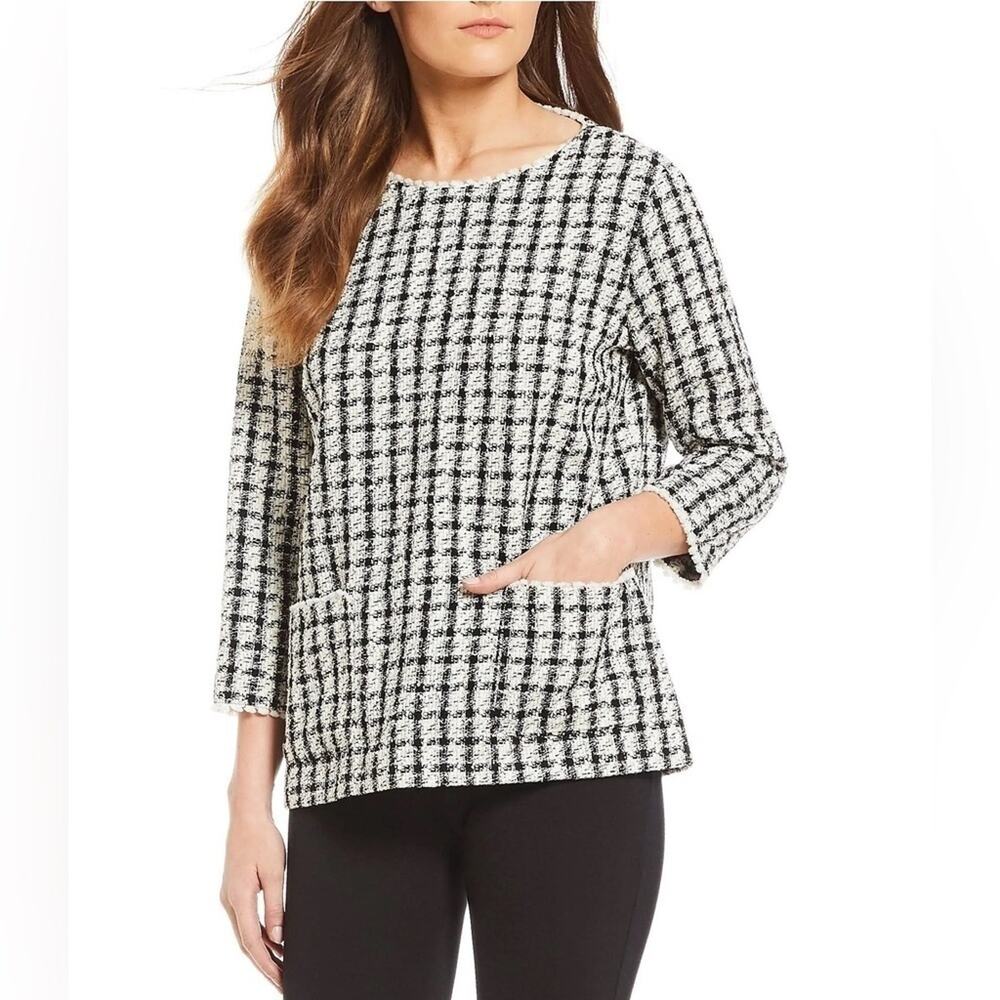 JOHN MARK Black White Houndstooth Boucle 3/4 Sleeve Pocket Top Small Workwear